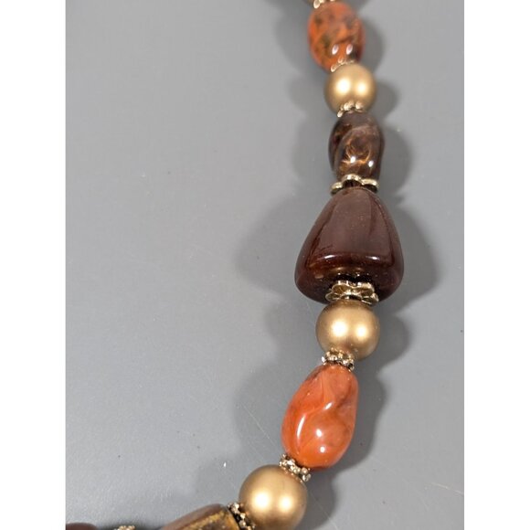 Brown Tigers Eye STone Bead Chunky Statement Necklace Gold Tone Matte 22" - Picture 4 of 8